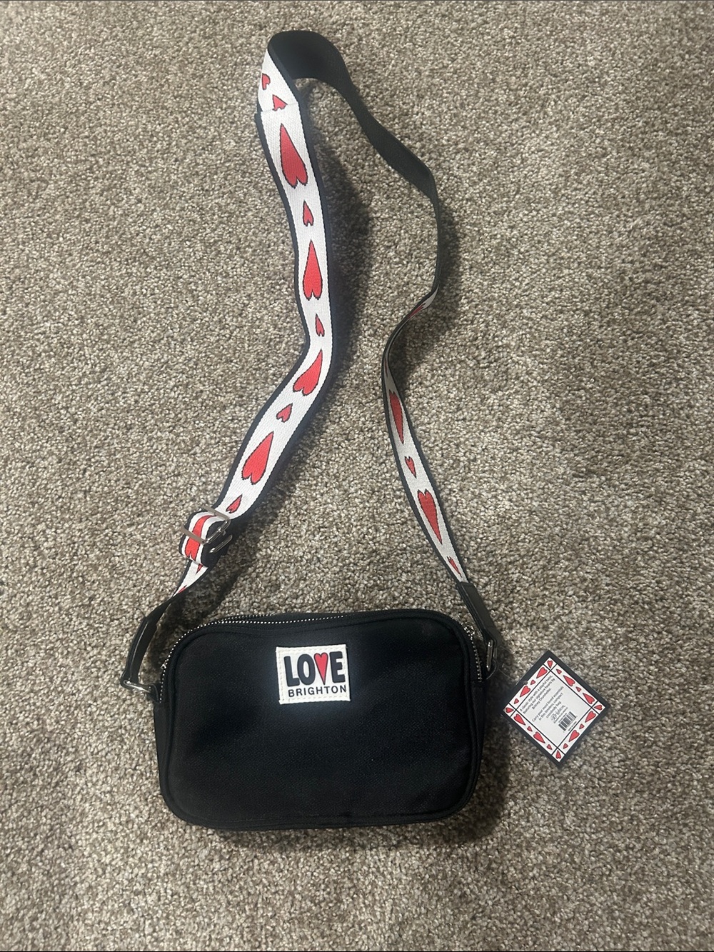 Brighton Black Crossbody Bag with Heart-Print Strap